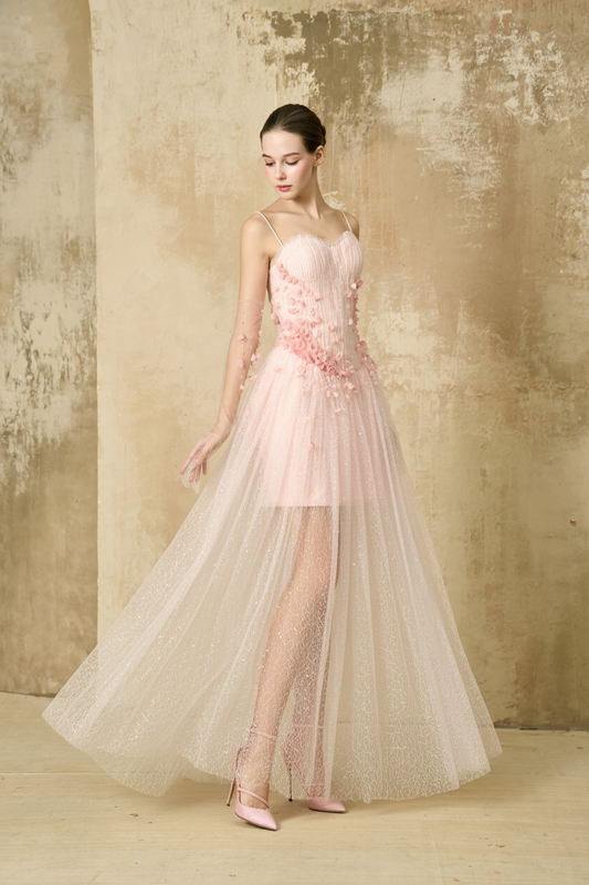 Blush Cascade – Baby Pink Floral Gown