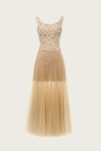 Nude Sonata off-shoulder champagne lace midi dress by ROSANOR, front view