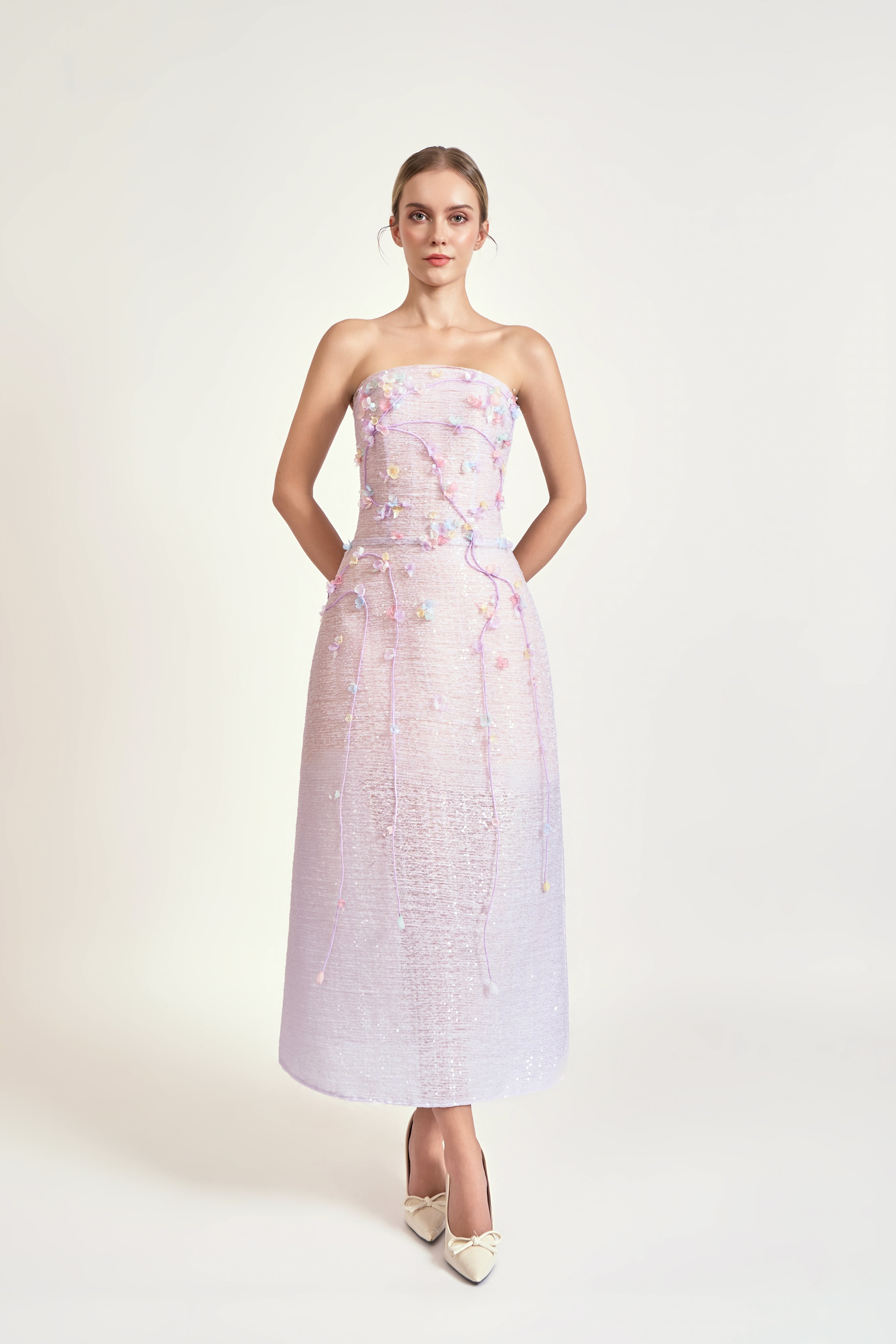 Floral Embellished Strapless A-Line Midi