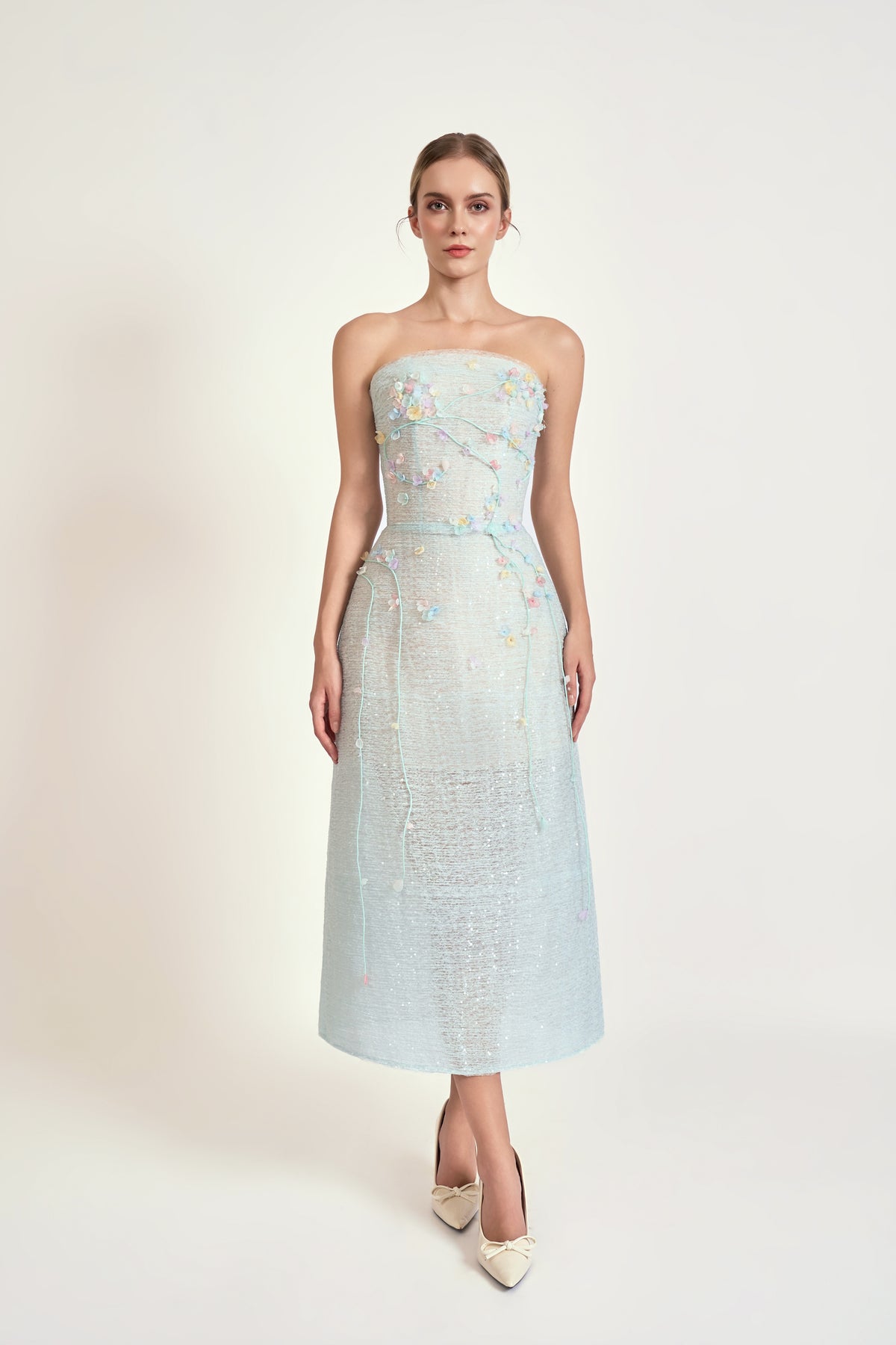Floral Embellished Strapless A-Line Midi