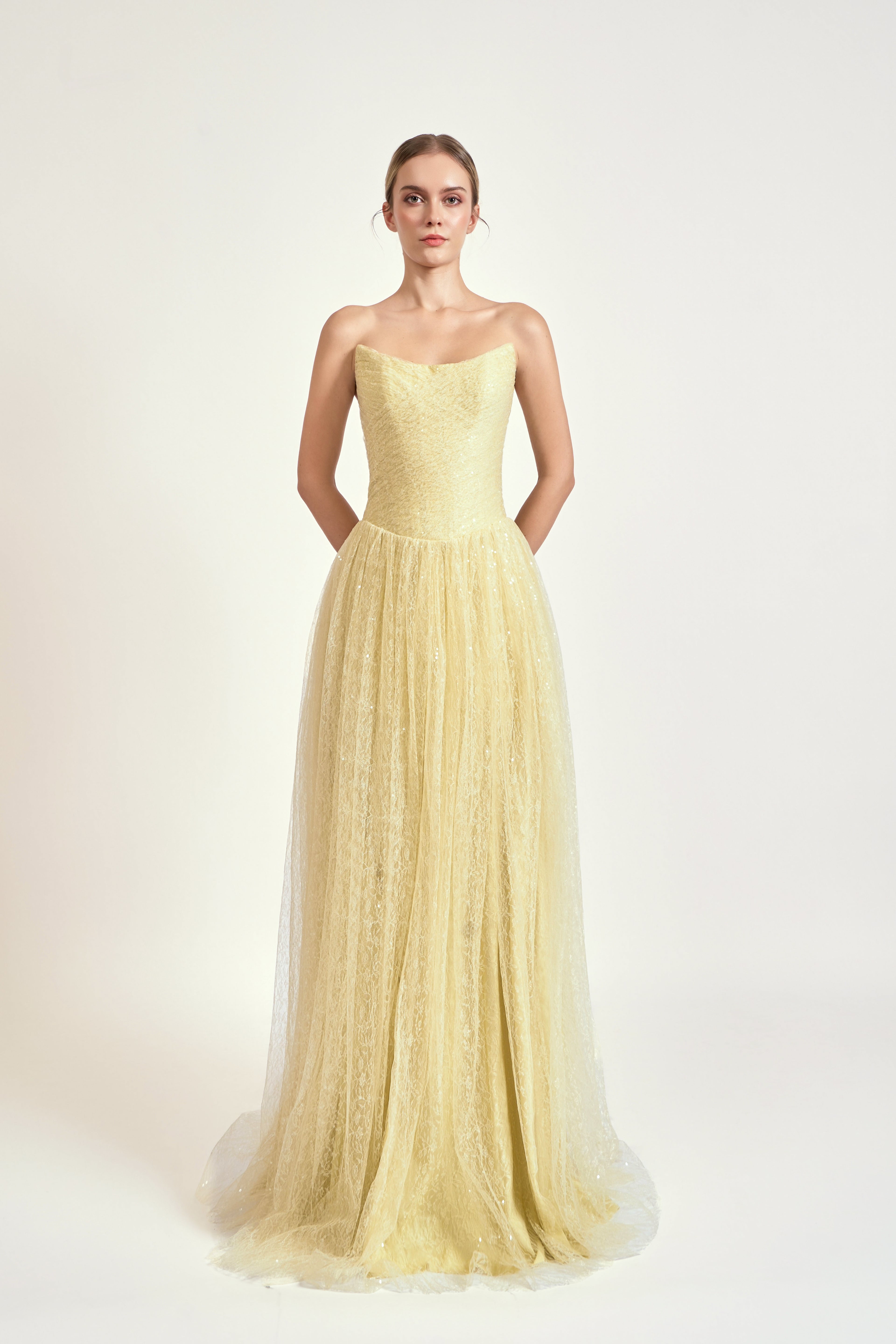 Iridescent Tulle Strapless Maxi Dress