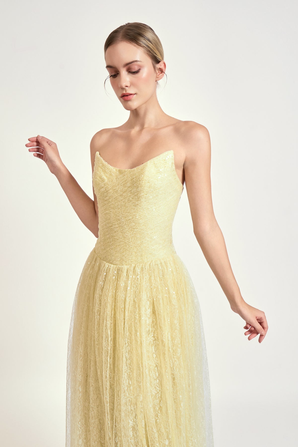 Iridescent Tulle Strapless Maxi Dress