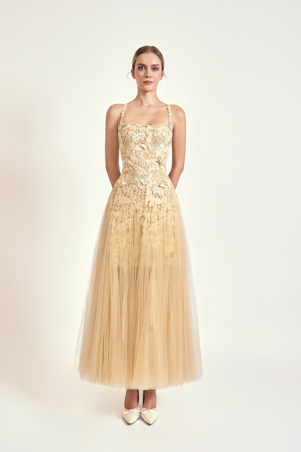 Nude Lace Tulle Midi Dress