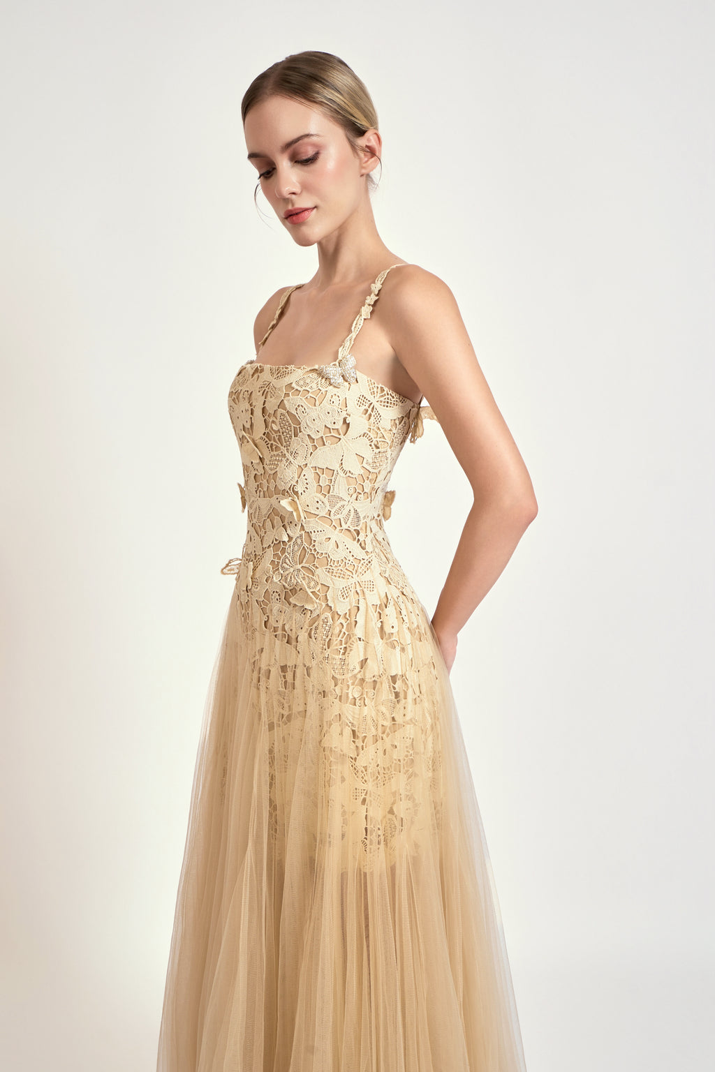 Nude Lace Tulle Midi Dress