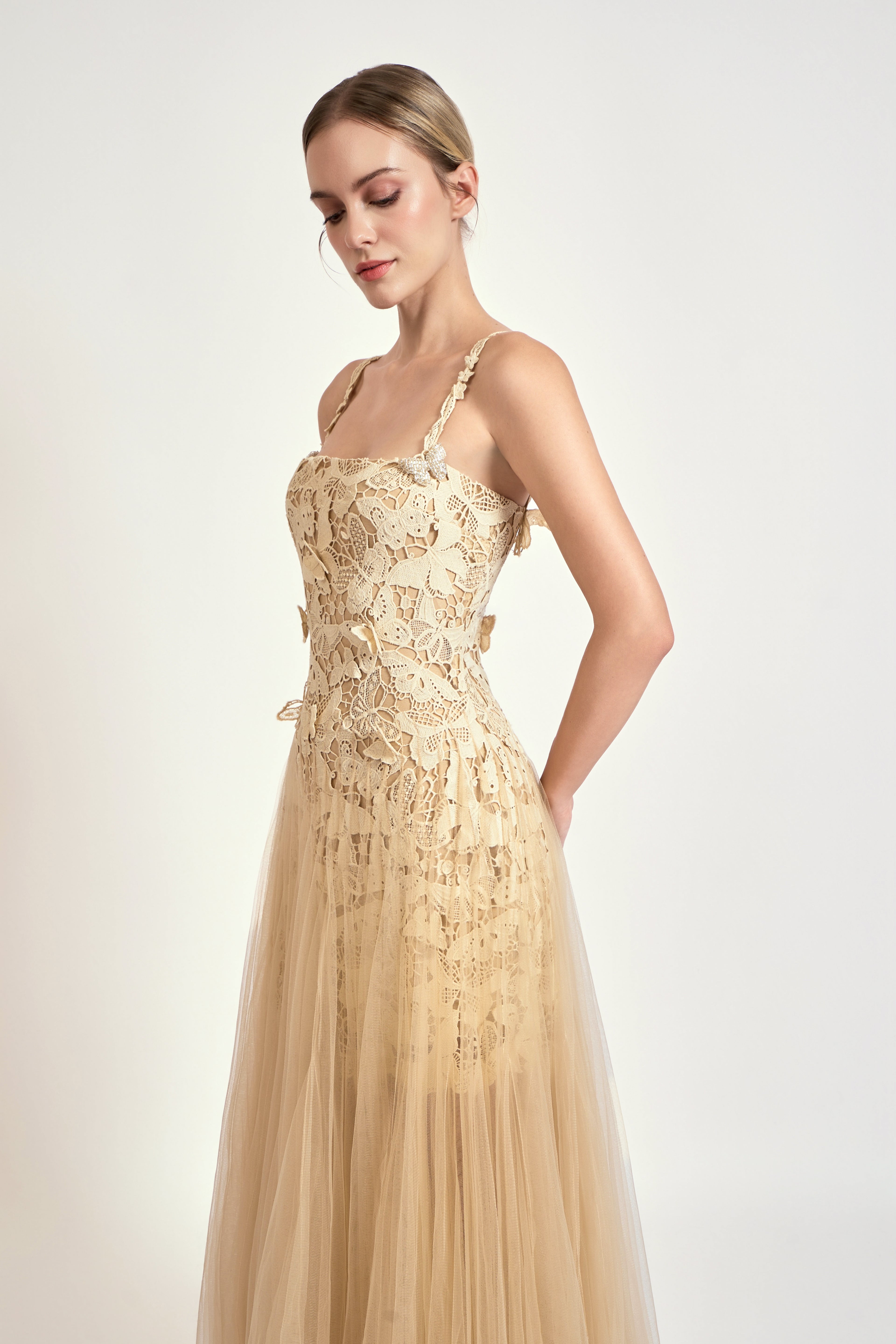 Nude Lace Tulle Midi Dress