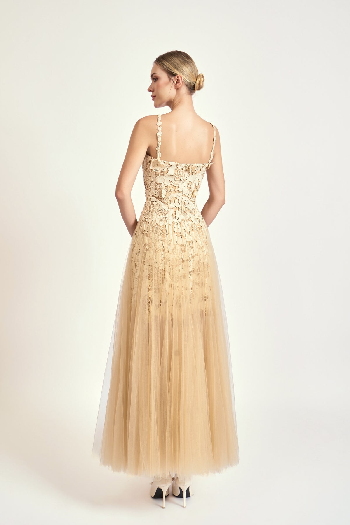 Nude Lace Tulle Midi Dress