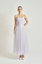 Iridescent Tulle Strapless Midi Dress