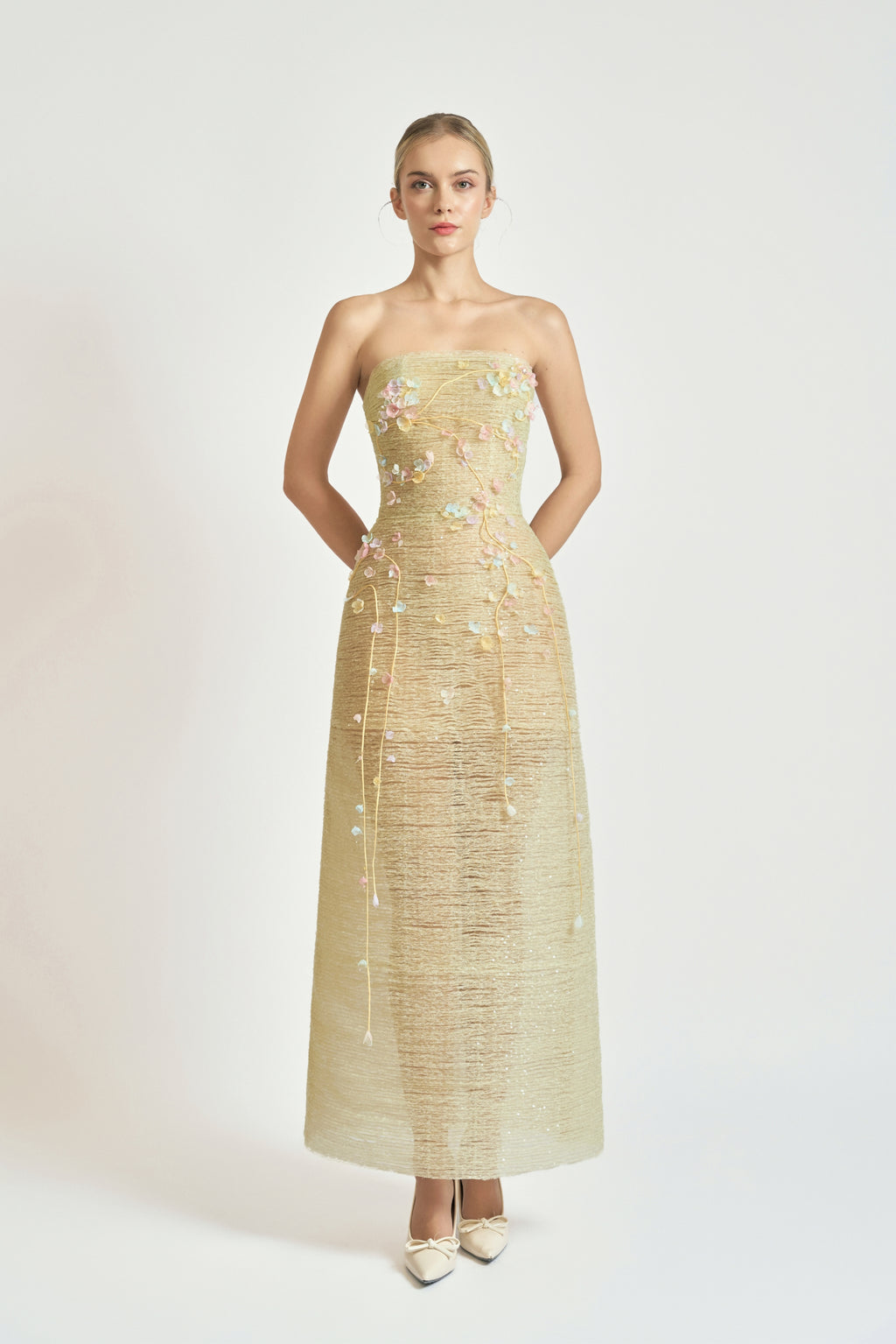 Floral Embellished Strapless A-Line Midi