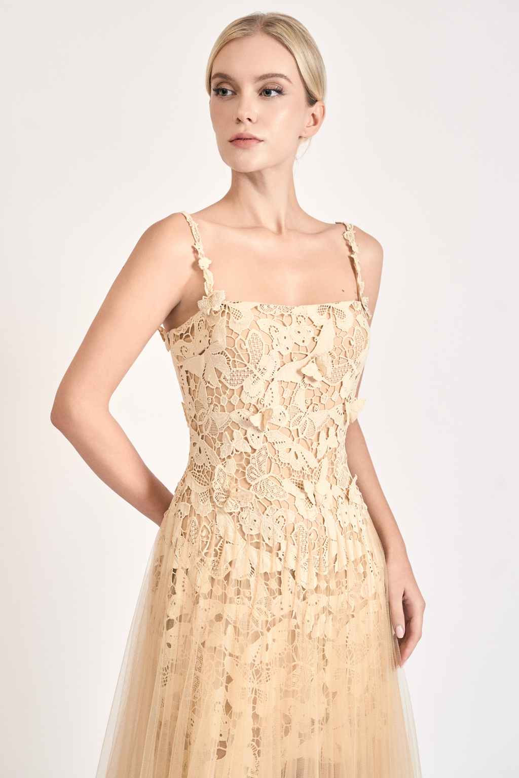 Nude Lace Tulle Maxi Dress