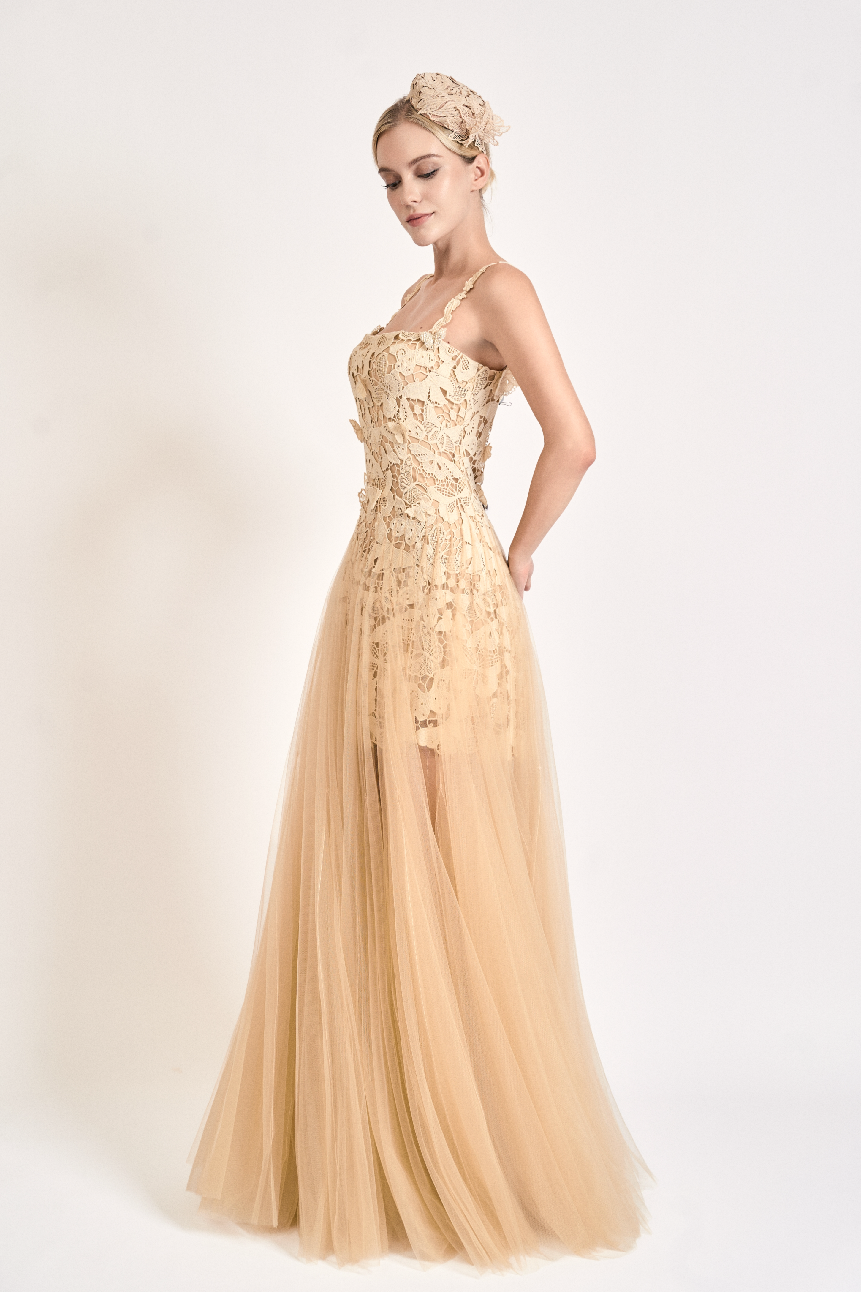 Nude Lace Tulle Maxi Dress