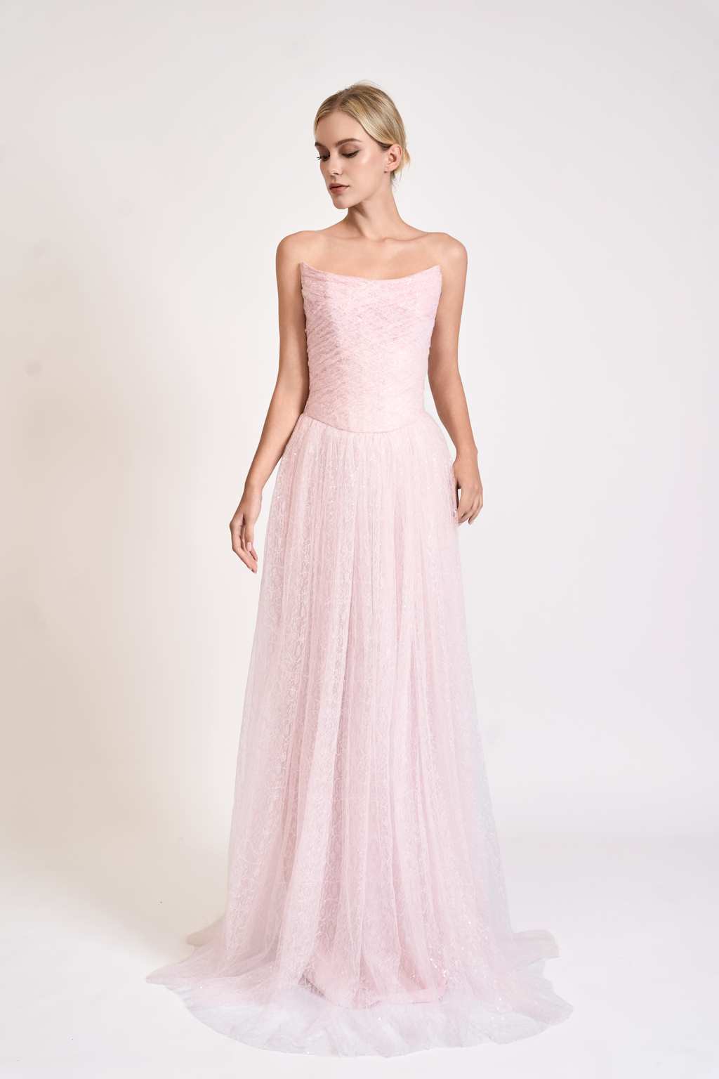 Iridescent Tulle Strapless Maxi Dress