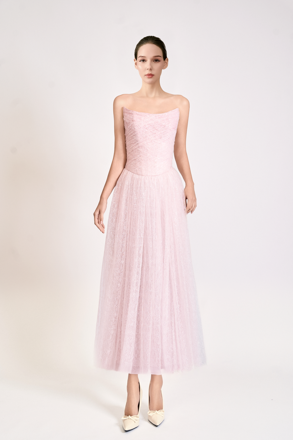 Iridescent Tulle Strapless Midi Dress