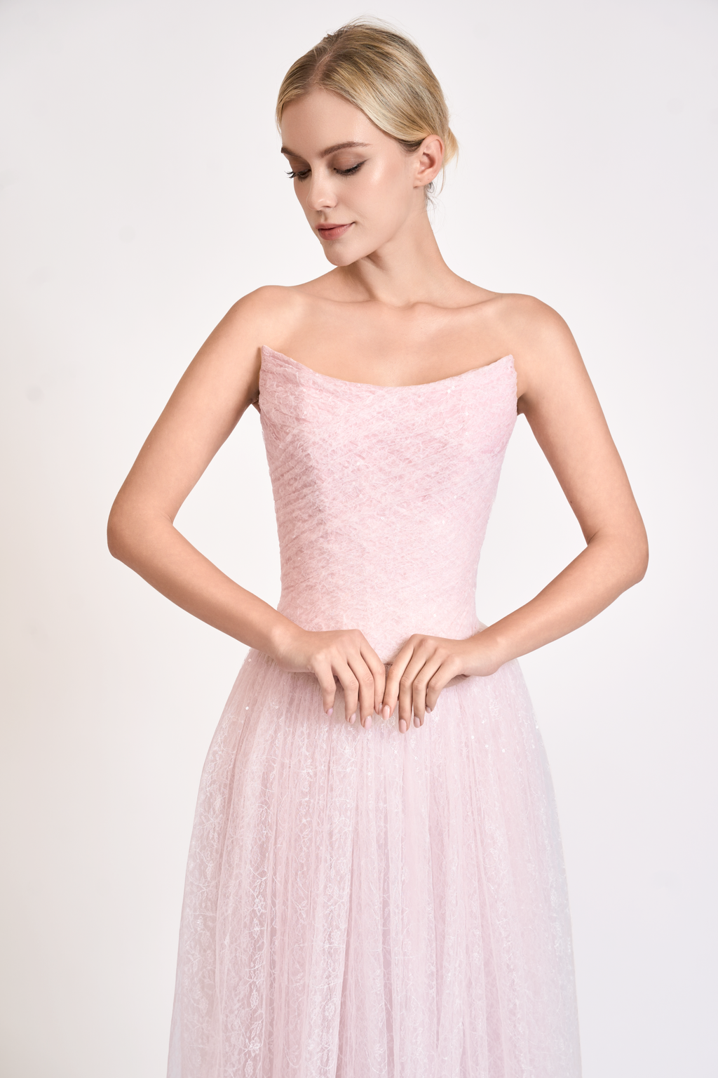 Iridescent Tulle Strapless Maxi Dress