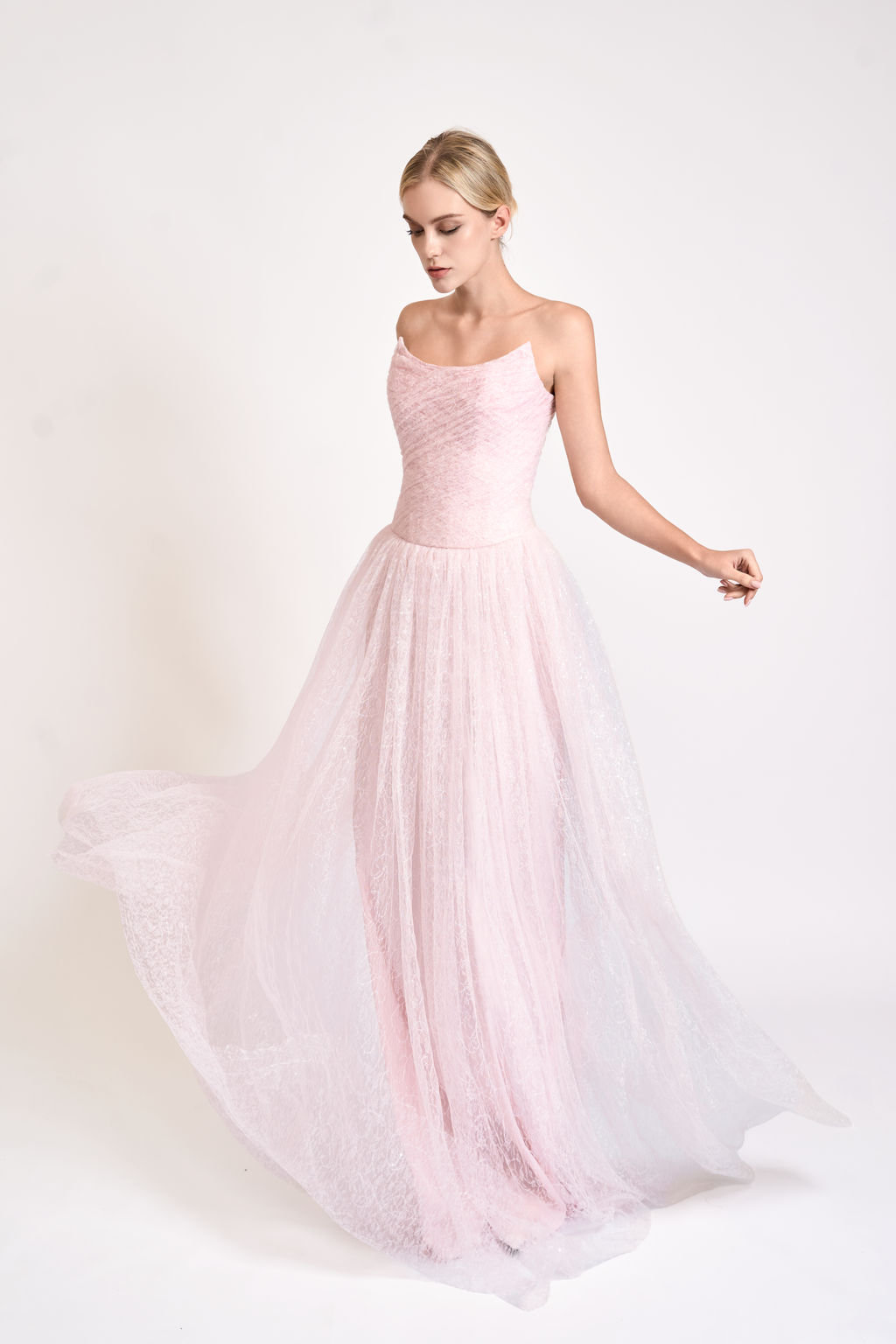 Iridescent Tulle Strapless Maxi Dress