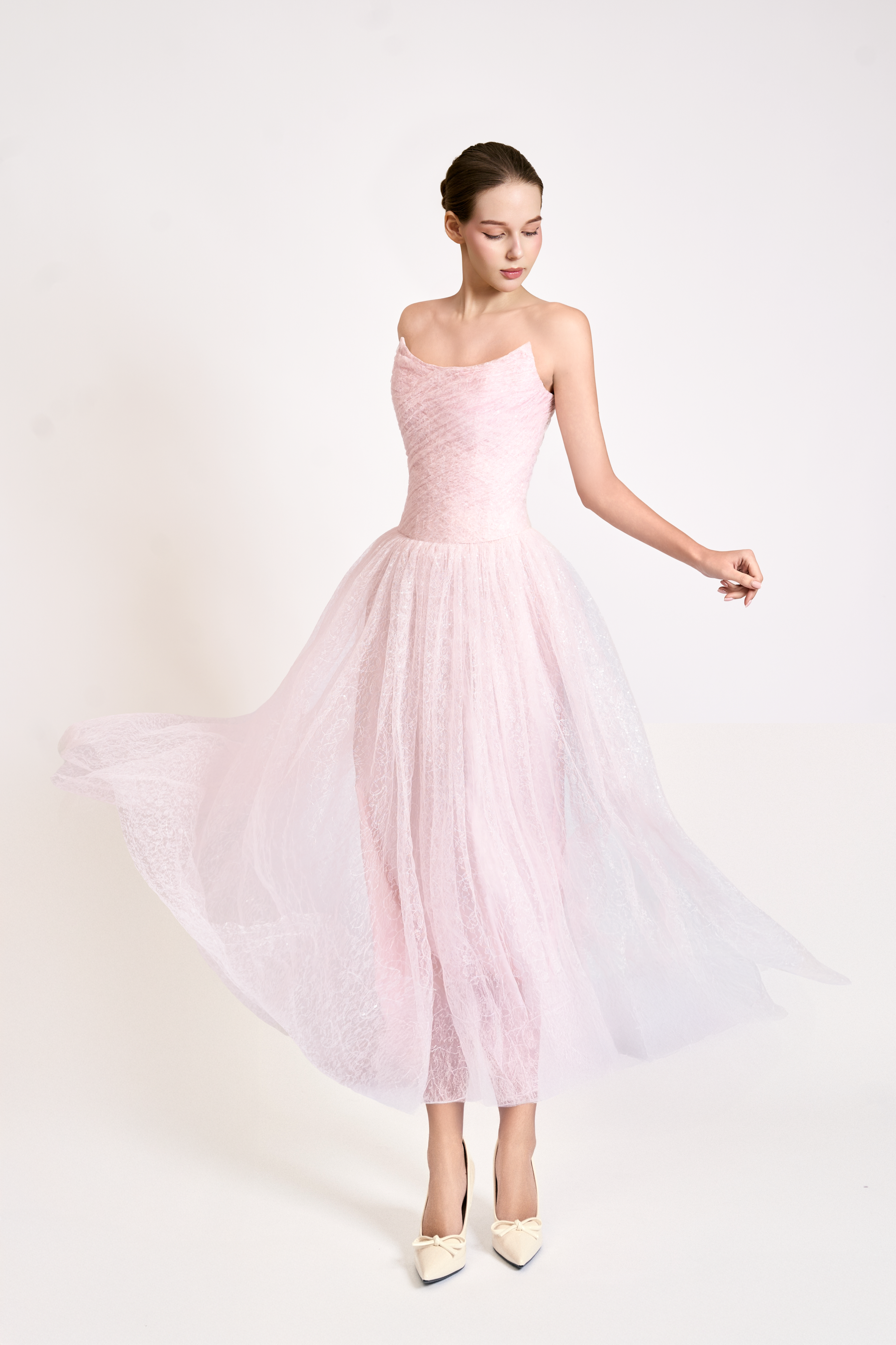 Iridescent Tulle Strapless Midi Dress