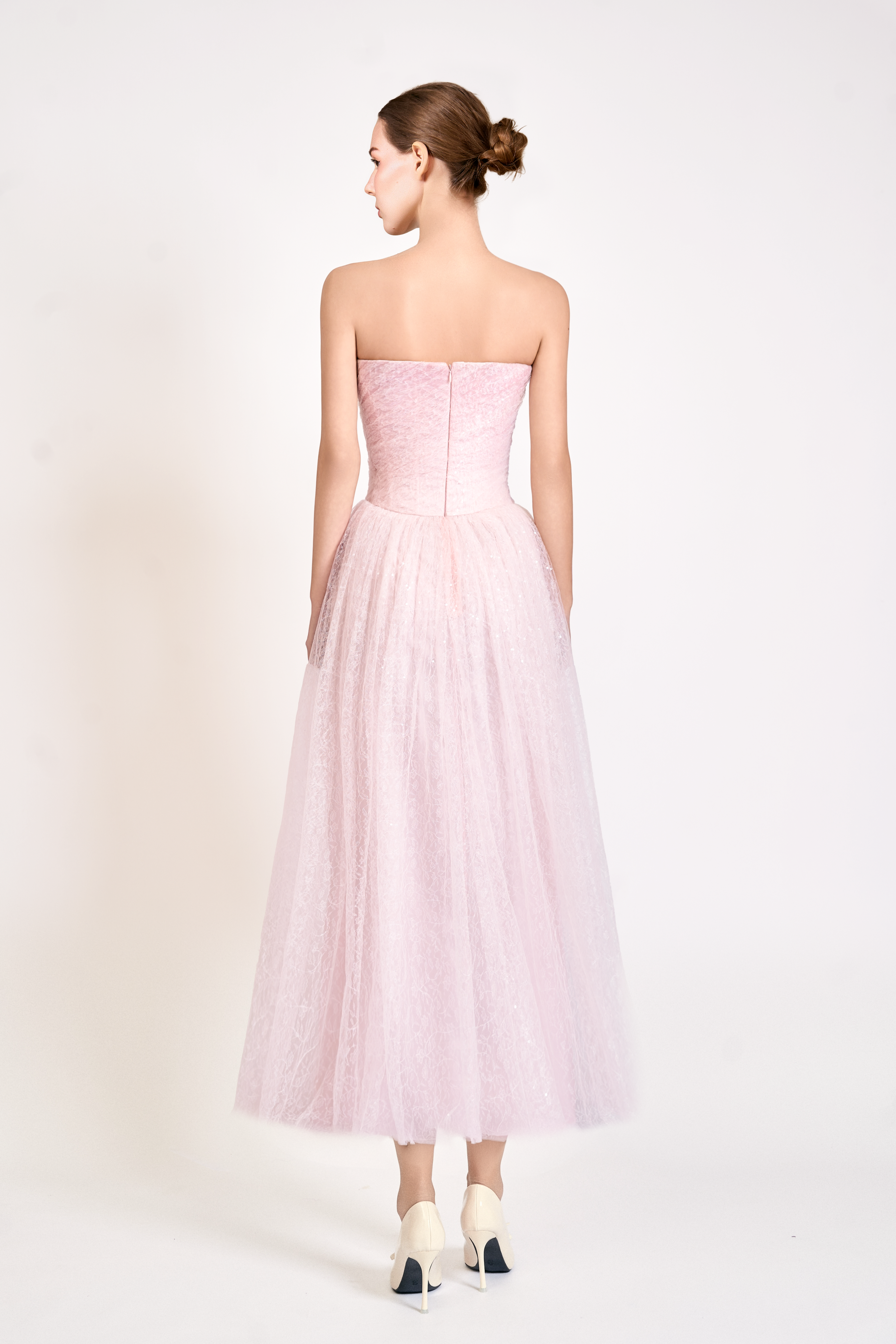 Iridescent Tulle Strapless Midi Dress